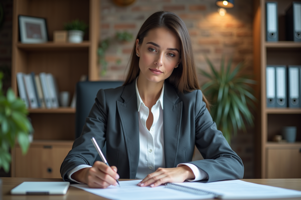 Femme professionnelle en bureau examinant des documents d'assurance