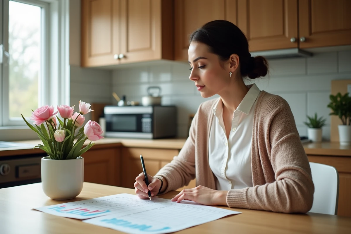 Femme remplissant un budget mensuel dans une cuisine chaleureuse