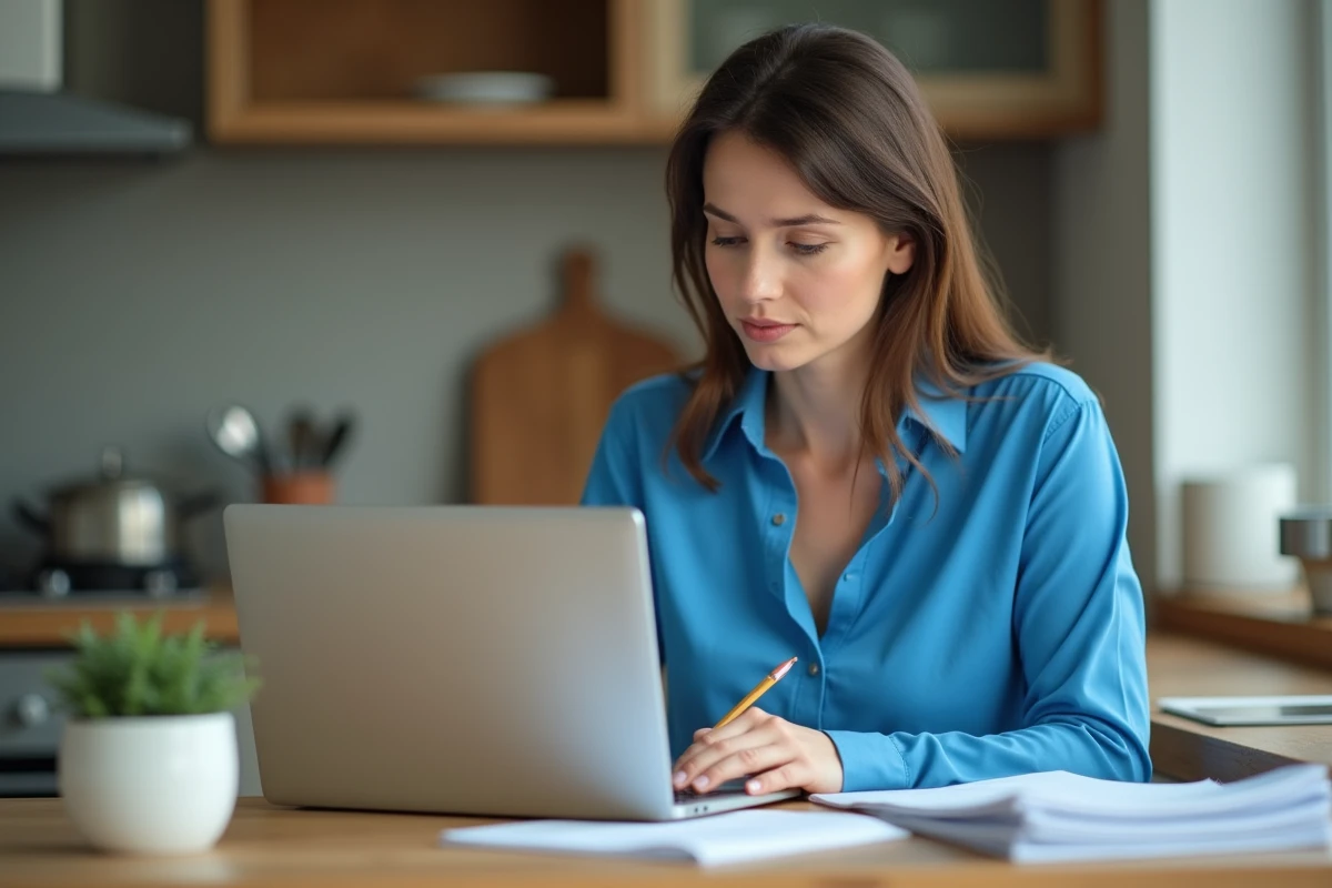 Femme en blouse bleue vérifiant ses dépenses mensuelles
