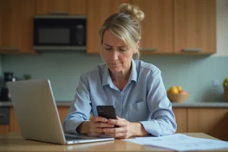 Femme d'âge moyen dans une cuisine moderne avec ordinateur