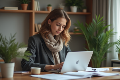 Femme en blazer travaillant à son bureau à domicile