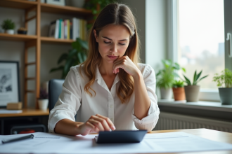 Jeune femme en bureau moderne examine documents financiers