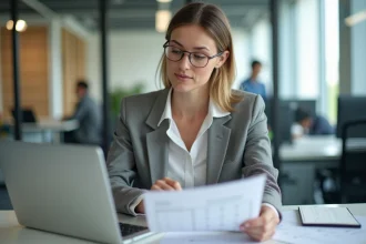 Femme en bureau moderne examinant documents et calendrier