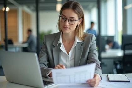 Femme en bureau moderne examinant documents et calendrier