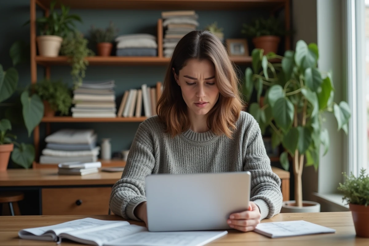 Femme concentrée sur son ordinateur dans un appartement cosy