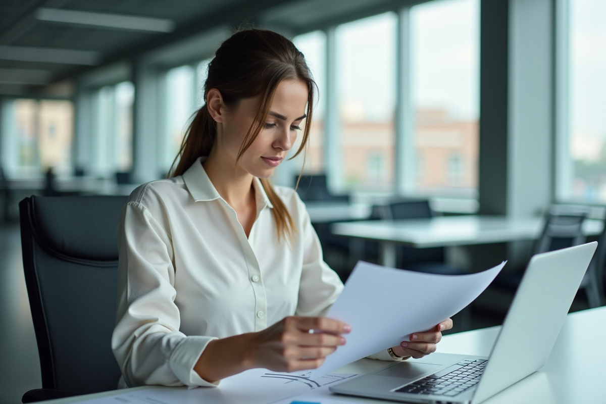 Femme d affaires concentrée au bureau avec documents et ordinateur