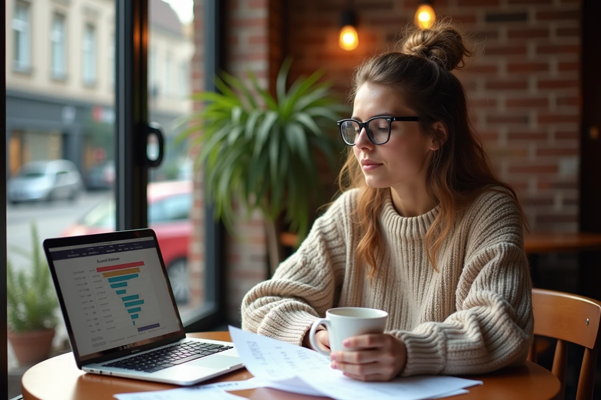 Jeune femme consulte résultats Euromillions au café ensoleille