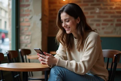 Femme souriante utilisant une application de fid&eacute;lit&eacute; dans un caf&eacute; parisien