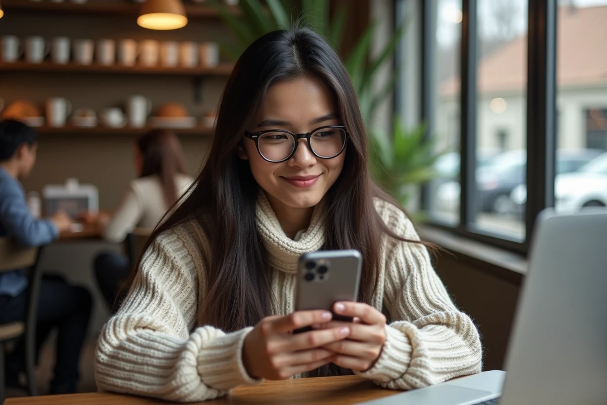 Femme souriante utilisant son smartphone dans un cafe