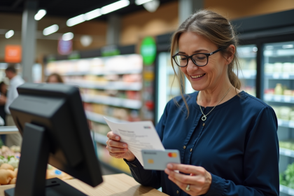 Femme souriante vérifiant un ticket de caisse en supermarche
