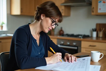 Femme de 40 ans avec calendrier 2026 en main dans la cuisine