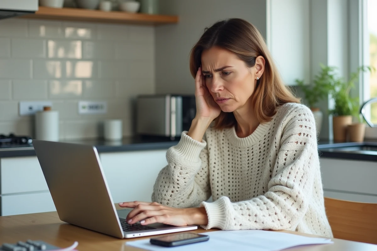 Femme d'âge moyen frustrée devant son ordinateur dans la cuisine