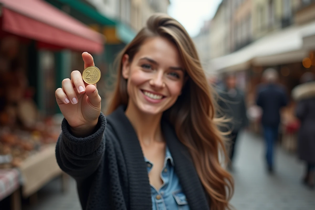 Jeune femme tient une pi&egrave;ce de 2 euros JO 2026 au march&eacute;