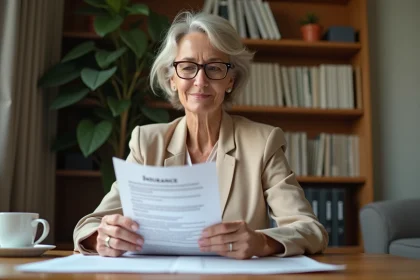 Femme d'une cinquantaine d'années qui examine son contrat d'assurance vie à son bureau à domicile