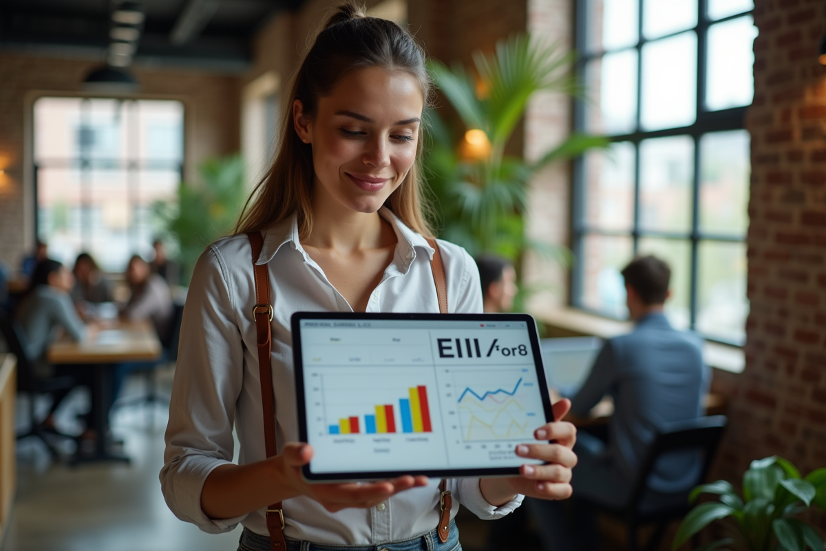 Jeune femme en coworking regardant des graphiques financiers sur tablette