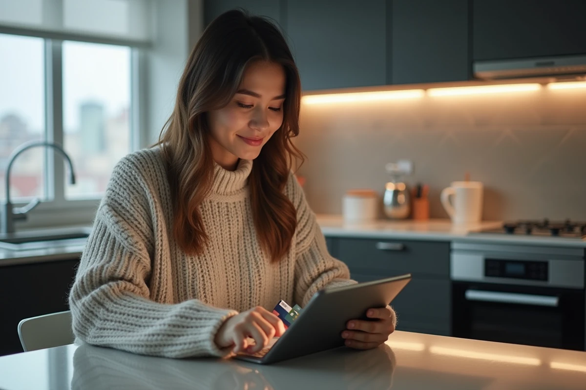 Jeune femme vérifiant sa banque sur une tablette dans la cuisine