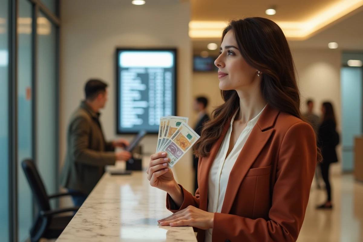 Femme tenant des billets de dirhams marocains devant un panneau de taux de change dans une banque