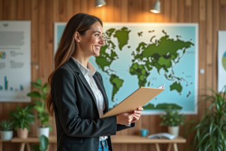 Femme professionnelle étudie une carte de forêts durables
