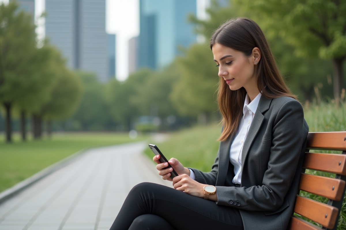 Femme souriante vérifiant ses économies dans un parc