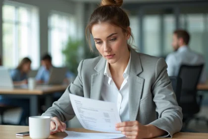 Femme en blazer gris consultant sa fiche de paie dans un bureau moderne, illustrant le calcul du salaire brut en net en CDI
