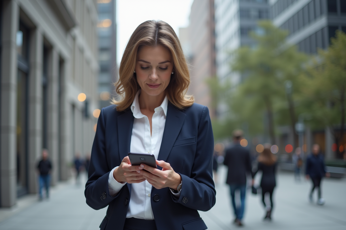 Femme vérifiant les cours Ethereum sur son smartphone en extérieur
