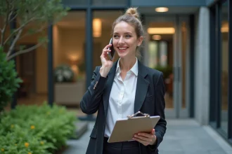 Femme souriante en blazer parlant au téléphone devant un immeuble