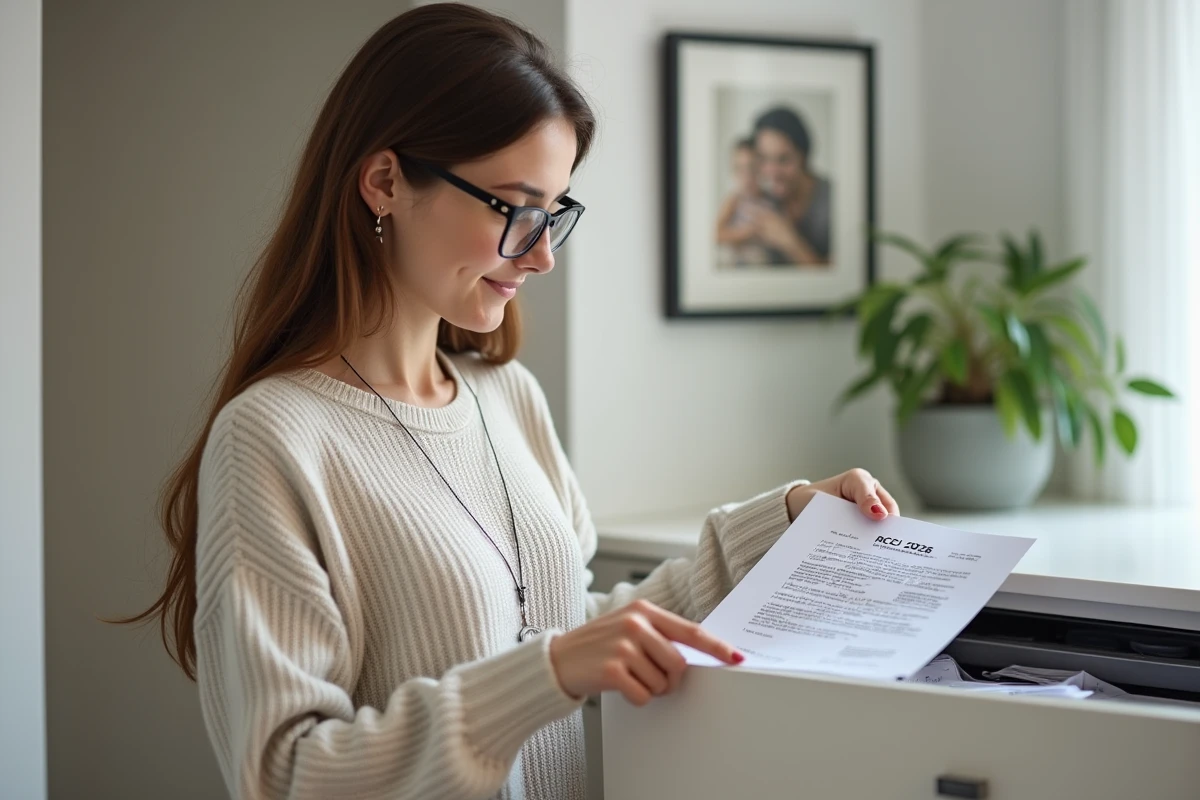 Jeune femme ins&eacute;rant un formulaire Cerfa 2042 dans une armoire