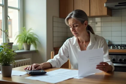Femme d'&acirc;ge moyen consulte documents de loyer dans une cuisine lumineuse