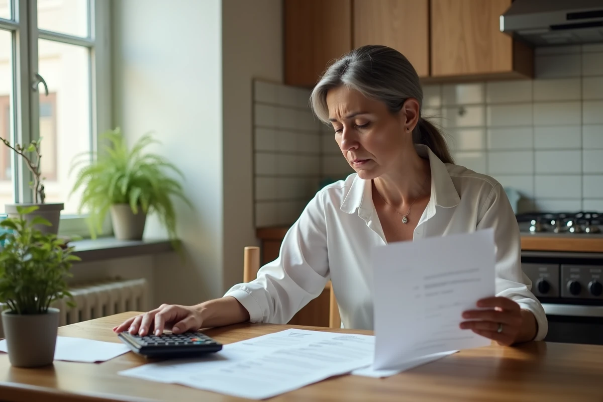 Femme d'âge moyen consulte documents de loyer dans une cuisine lumineuse