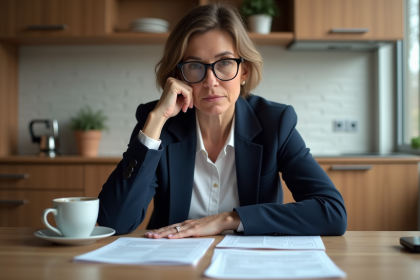 Femme d'&acirc;ge moyen lisant des papiers dans une cuisine moderne