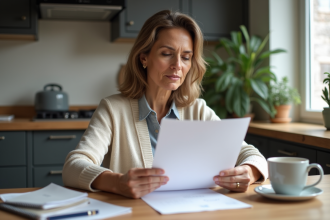 Femme d'âge moyen lisant des papiers dans la cuisine