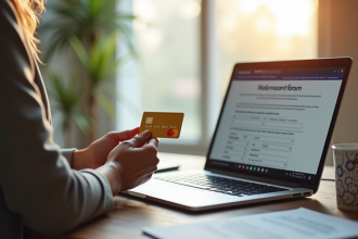 Main d'une femme élégante tenant une Mastercard or devant un ordinateur