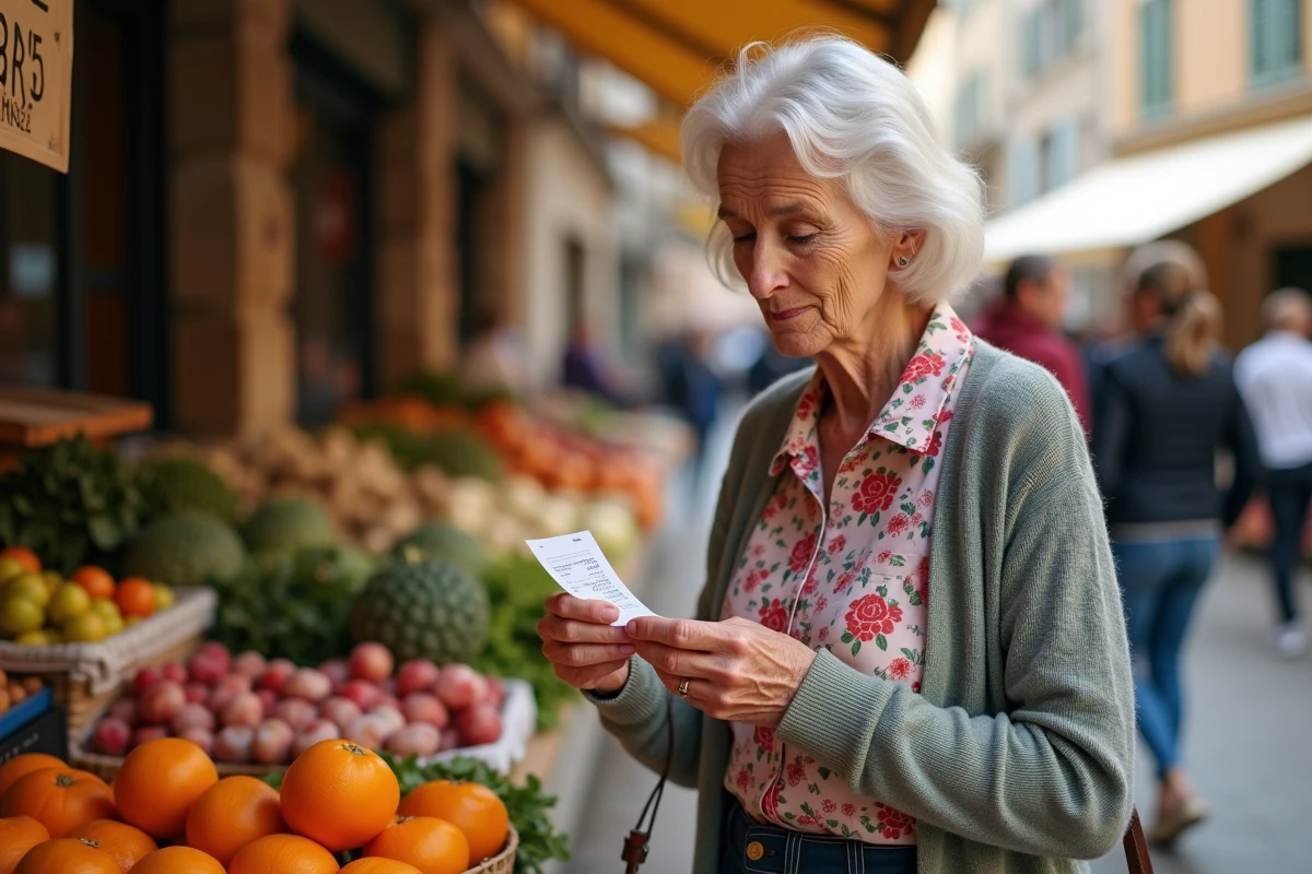 Femme française compare ticket de caisse et pièces euros