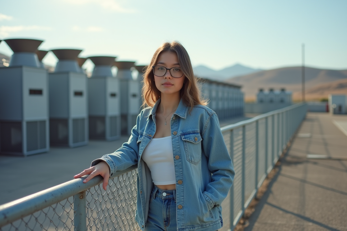 Jeune femme à côté d une ferme de minage inactive en extérieur