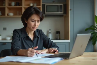 Femme d'âge moyen vérifiant ses papiers à la maison