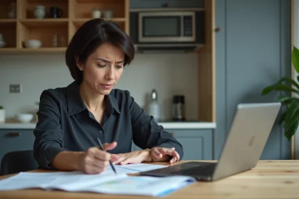 Femme d'&acirc;ge moyen v&eacute;rifiant ses papiers &agrave; la maison