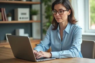 Femme regardant son relevé bancaire sur son ordinateur à la maison