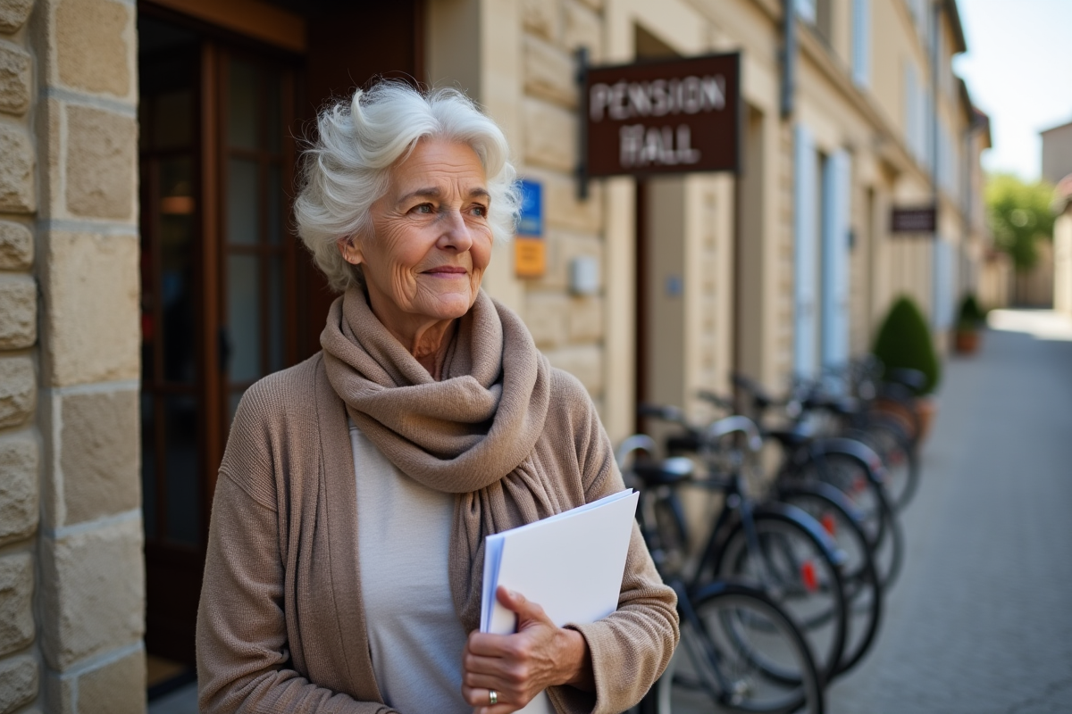 Femme retraitée tenant un dossier de demande de pension devant la mairie