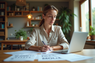 Femme concentrée préparant un dossier immobilier à la maison