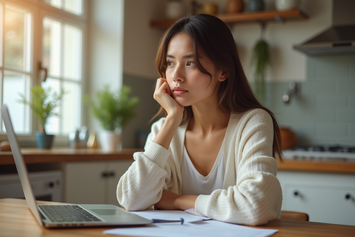 Jeune femme à la maison remplissant un formulaire de crédit