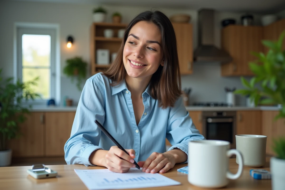 Jeune femme &eacute;tudie un rapport financier &agrave; la maison
