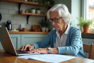 Femme retraitée examine documents de pension à la maison