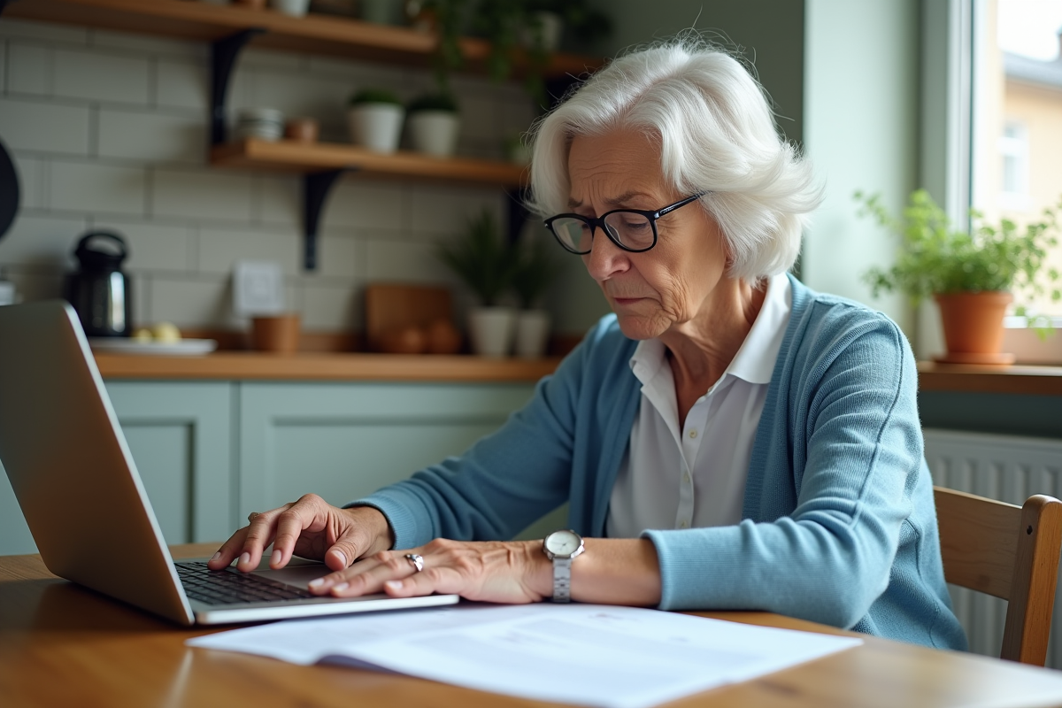 Femme retraitée examine documents de pension à la maison