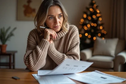 Femme d'&acirc;ge moyen v&eacute;rifiant ses d&eacute;penses de No&euml;l &agrave; la maison