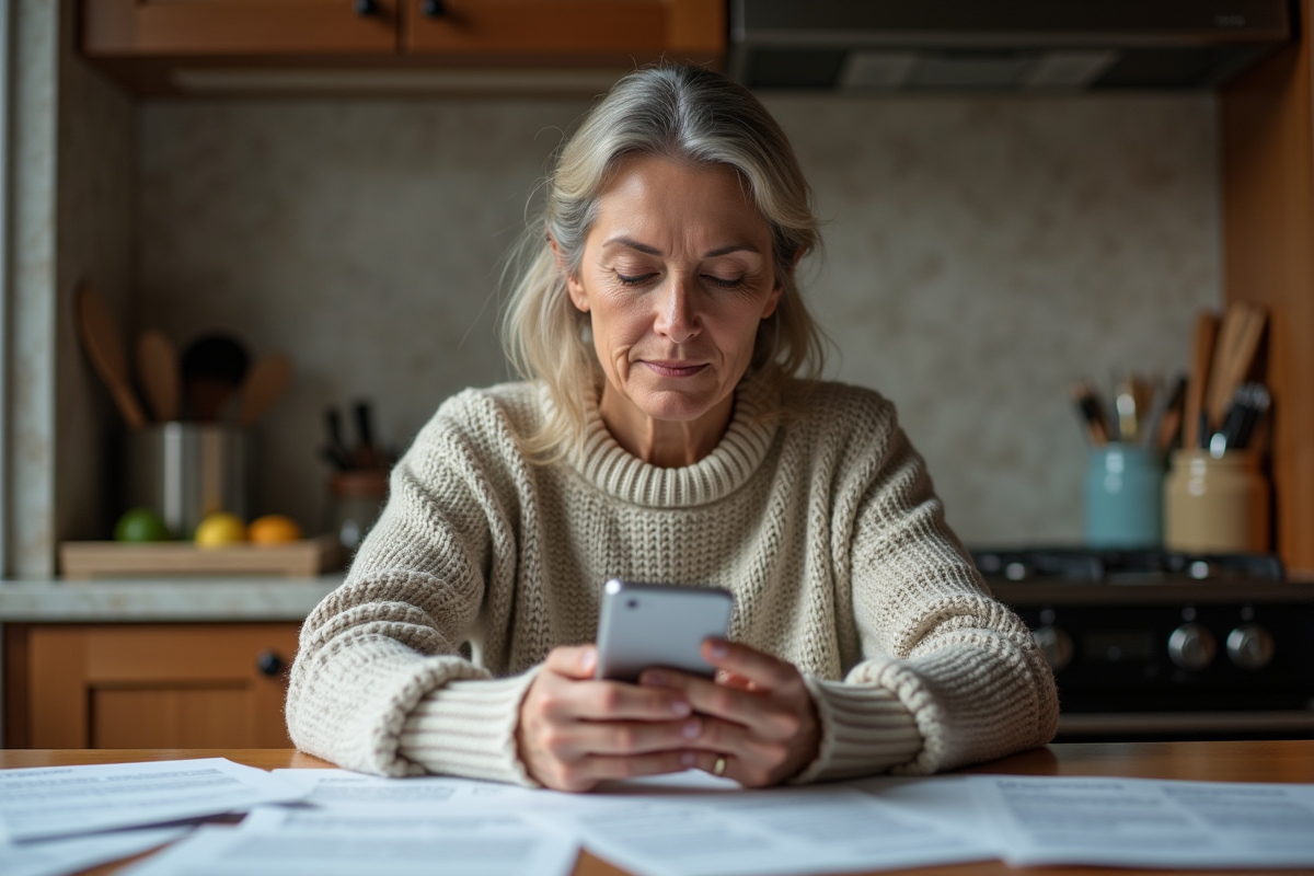 Femme vérifiant ses documents à la cuisine
