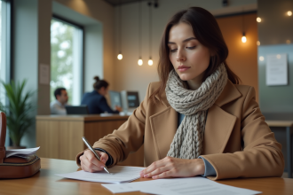 Femme signant un document dans une banque belge moderne