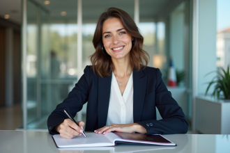 Jeune femme signant des documents dans une banque moderne
