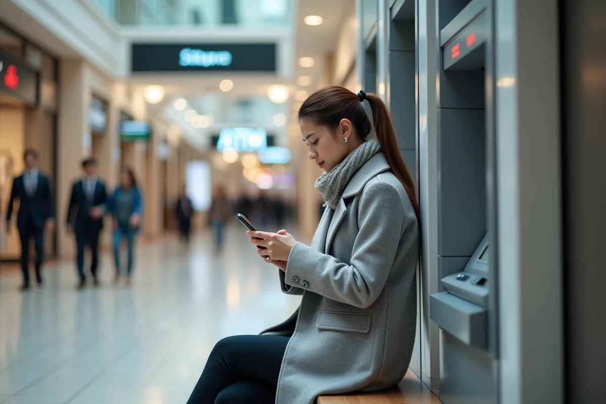 Jeune femme assise dans un centre commercial avec son smartphone