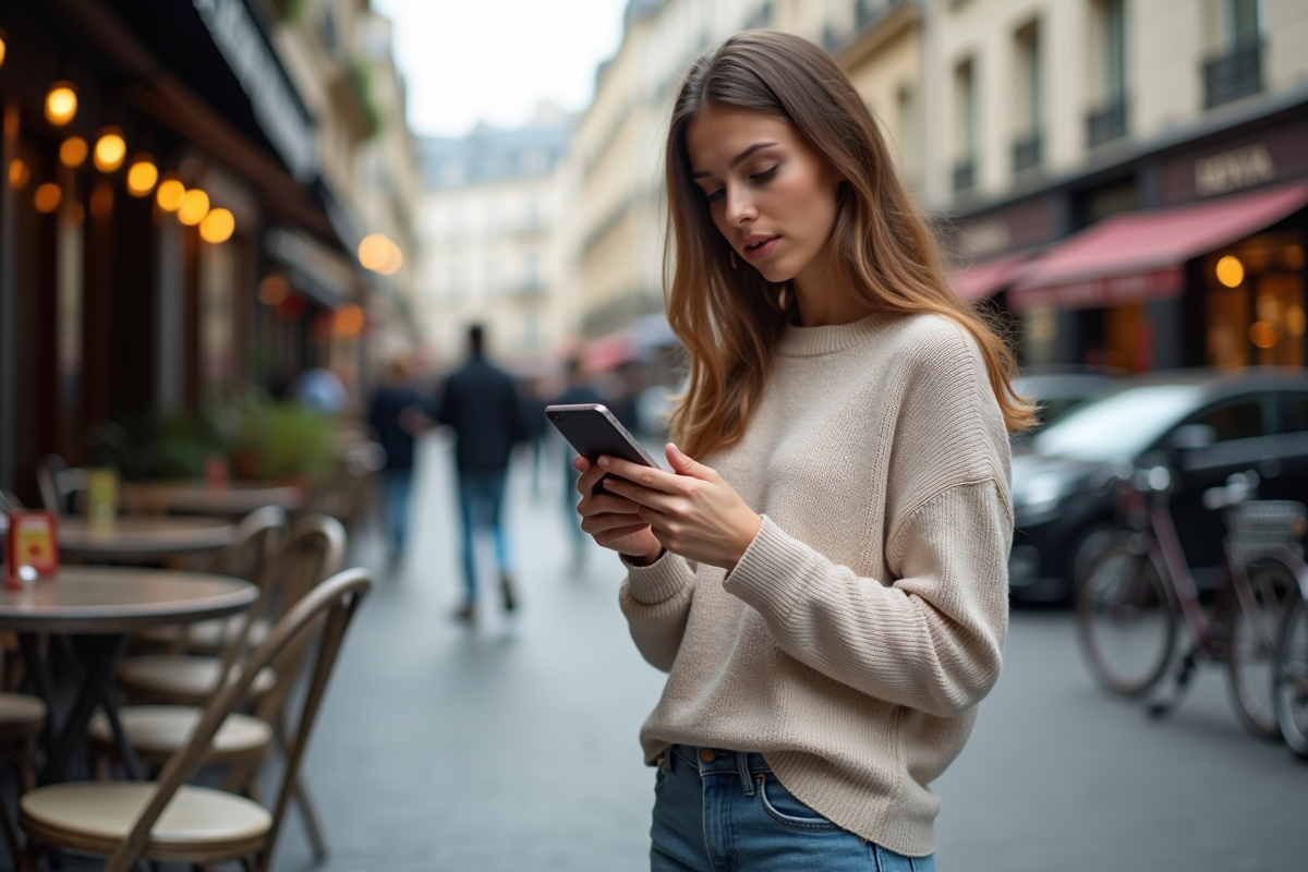 Jeune femme utilisant son smartphone dans une rue parisienne