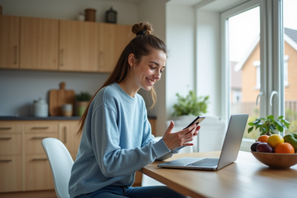 Jeune femme souriante utilisant une application sur son téléphone à la maison